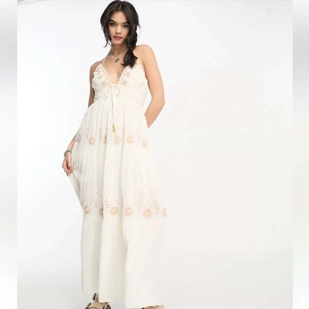 Free People Real Love Embroidered Bohemian Maxi Dress Size‎ M Summer Resort Boho - Picture 3 of 16